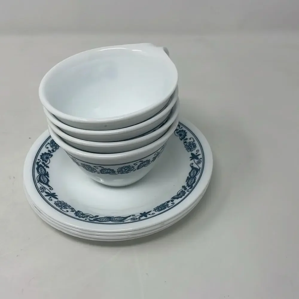 4 sets Corelle Corning Old Town Blue Hook Stacking Coffee Tea Cups With Saucers
